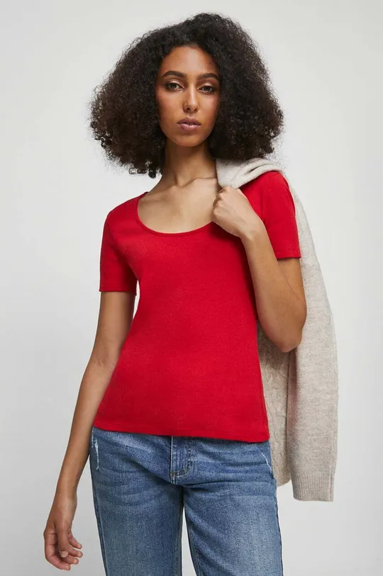 czerwony T-shirt bawełniany damski prążkowany z domieszką elastanu kolor czerwony Damski