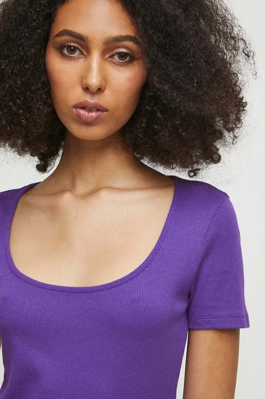 fioletowy T-shirt bawełniany damski prążkowany z domieszką elastanu kolor fioletowy