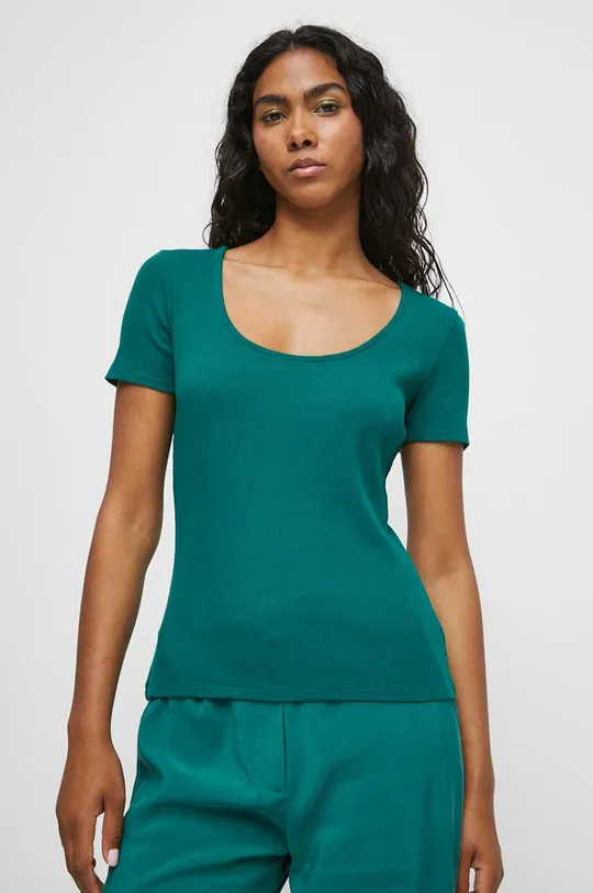 T-shirt bawełniany damski prążkowany z domieszką elastanu kolor zielony turkusowy