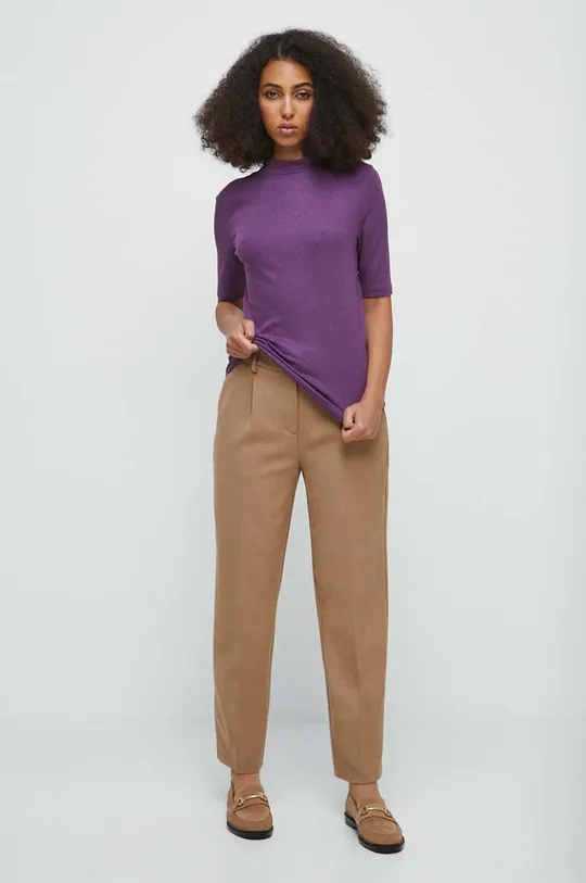T-shirt damski prążkowany kolor fioletowy fioletowy