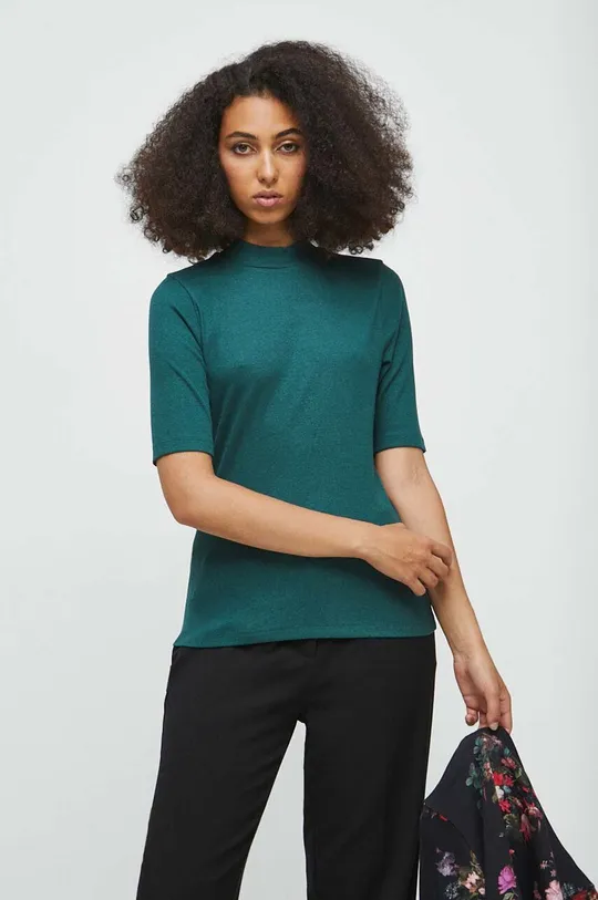 turkusowy T-shirt damski prążkowany kolor zielony