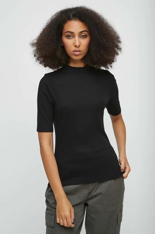 czarny T-shirt damski prążkowany kolor czarny