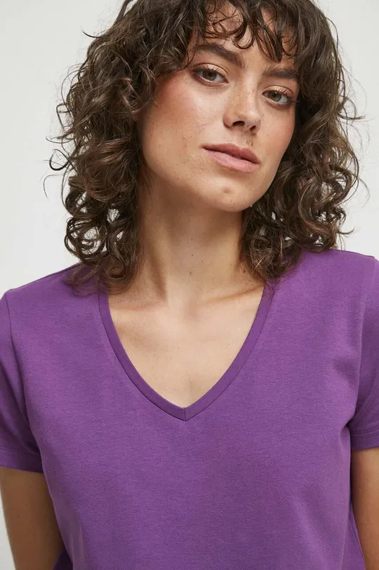 fioletowy T-shirt bawełniany damski gładki z domieszką elastanu kolor fioletowy Damski