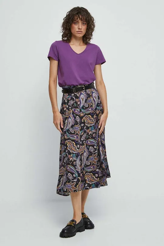 T-shirt bawełniany damski gładki z domieszką elastanu kolor fioletowy fioletowy