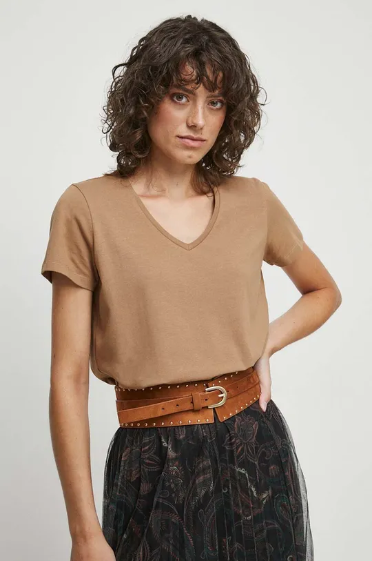 beżowy T-shirt bawełniany damski gładki z domieszką elastanu kolor beżowy Damski