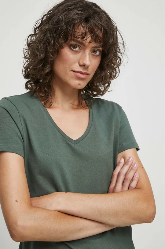 T-shirt bawełniany damski gładki z domieszką elastanu kolor zielony zielony