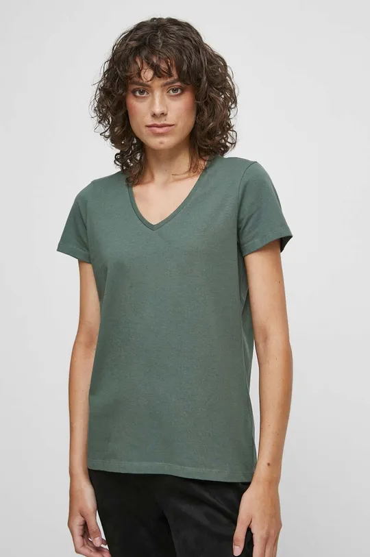 zielony T-shirt bawełniany damski gładki z domieszką elastanu kolor zielony