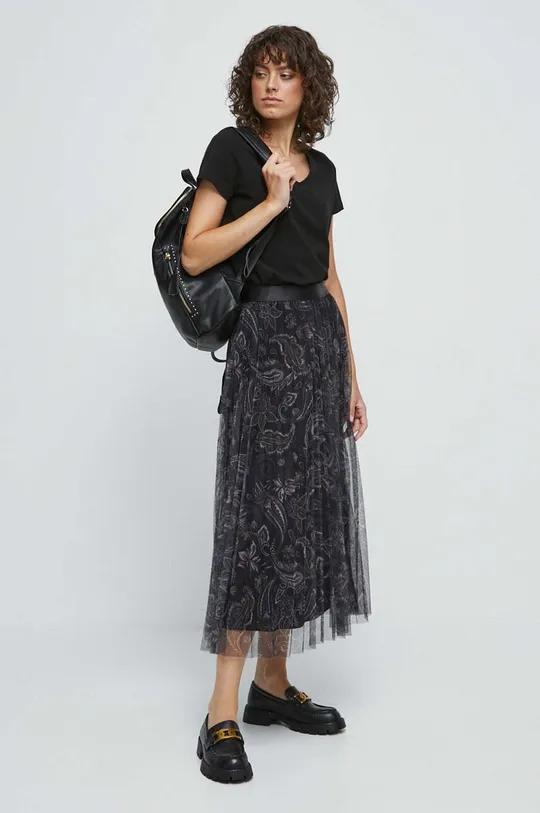 T-shirt bawełniany damski gładki z domieszką elastanu kolor czarny czarny