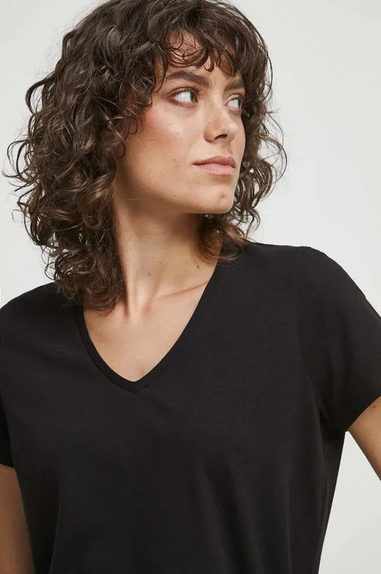 czarny T-shirt bawełniany damski gładki z domieszką elastanu kolor czarny