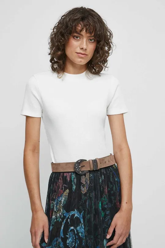 beżowy T-shirt bawełniany damski z fakturą z domieszką elastanu kolor beżowy Damski