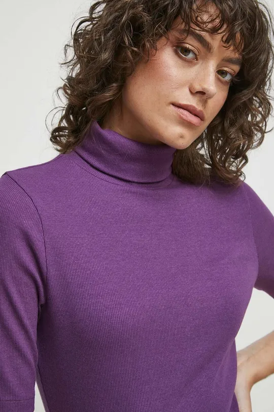 fioletowy T-shirt damski z golfem prążkowany kolor fioletowy Damski