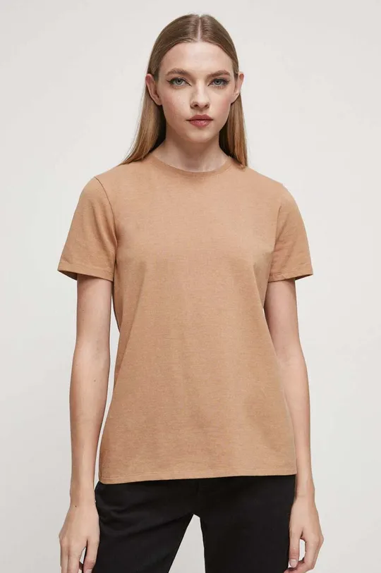 beżowy T-shirt bawełniany damski gładki kolor beżowy Damski