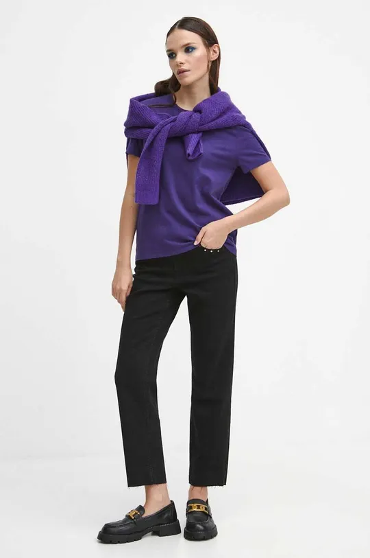 T-shirt bawełniany damski gładki kolor fioletowy fioletowy