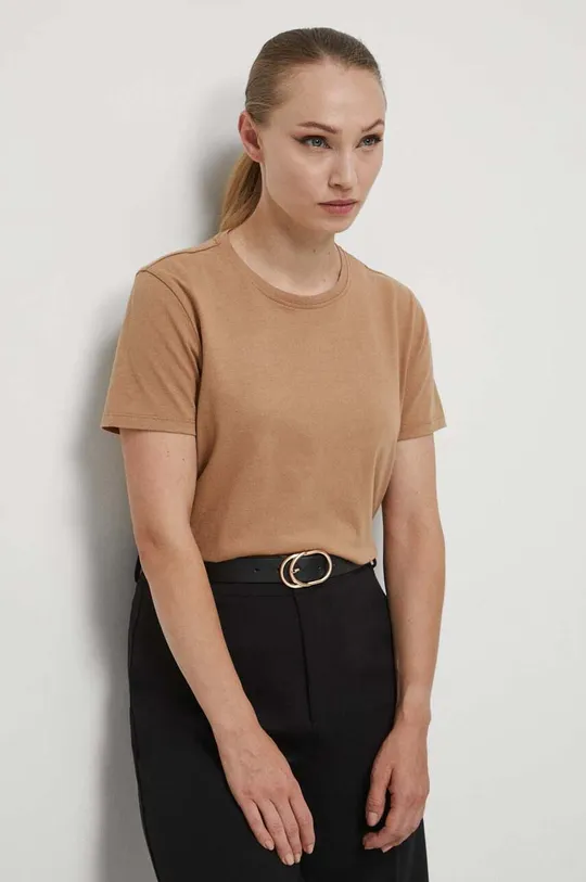 beżowy T-shirt bawełniany damski gładki kolor beżowy Damski