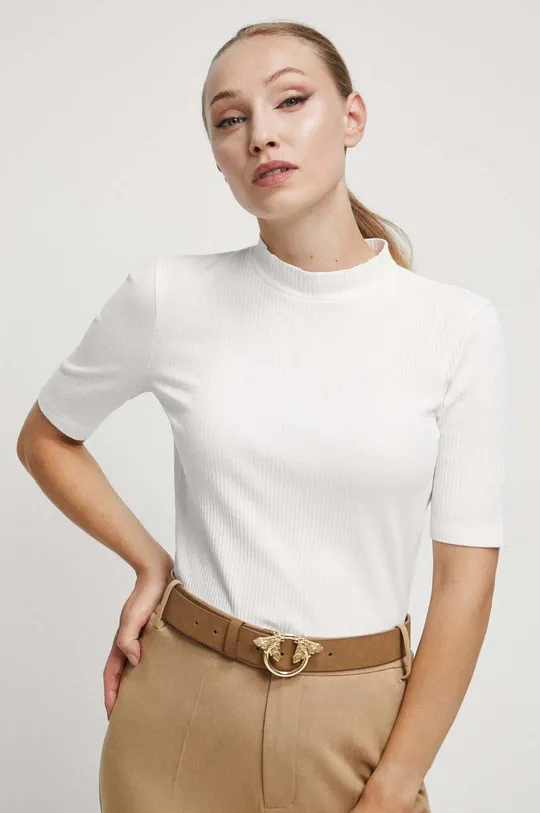 beżowy T-shirt damski prążkowany kolor beżowy Damski