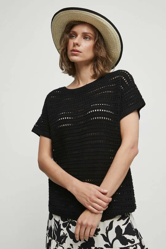 czarny T-shirt bawełniany damski z fakturą kolor czarny