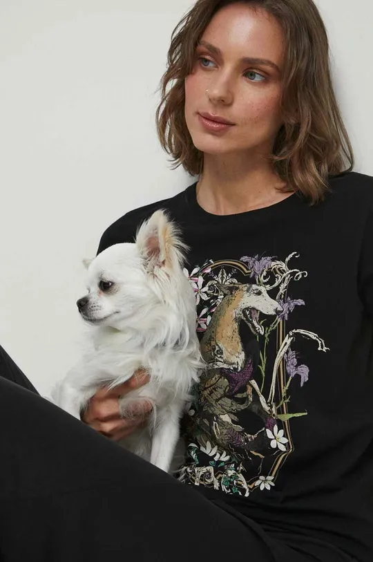 czarny T-shirt bawełniany damski z nadrukiem z kolekcji na Dzień Psa kolor czarny Damski