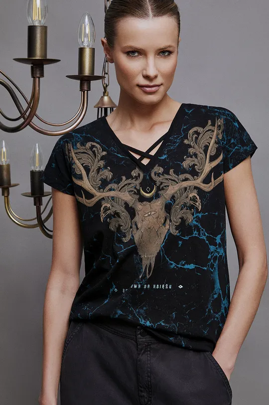 czarny T-shirt bawełniany damski z kolekcji Zamkowe Legendy kolor czarny Damski