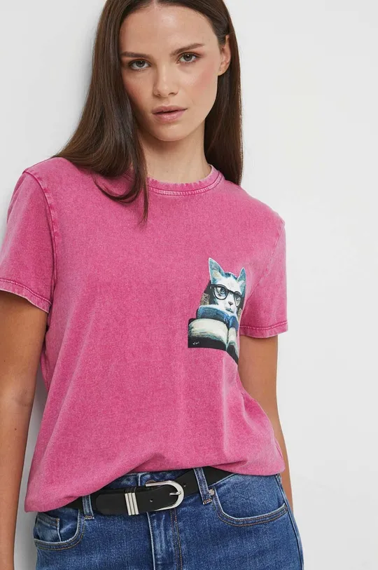 T-shirt bawełniany damski z kolekcji Graficzny Atlas Zwierząt kolor różowy różowy
