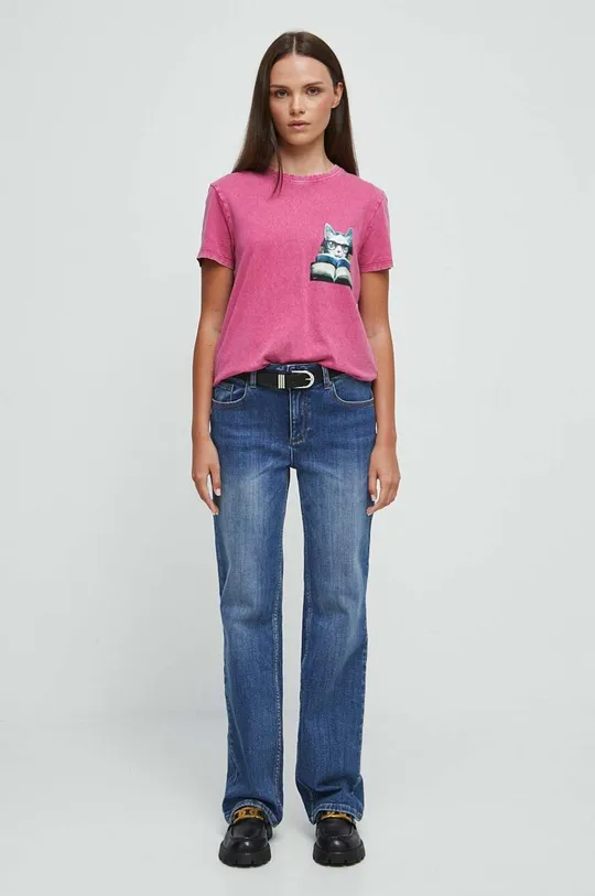 T-shirt bawełniany damski z kolekcji Graficzny Atlas Zwierząt kolor różowy 100 % Bawełna