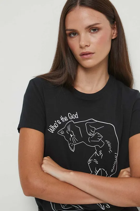 czarny T-shirt bawełniany damski z kolekcji Graficzny Atlas Zwierząt kolor czarny