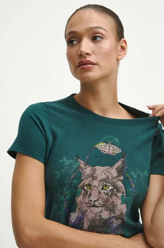 turkusowy T-shirt bawełniany damski z nadrukiem kolor turkusowy Damski