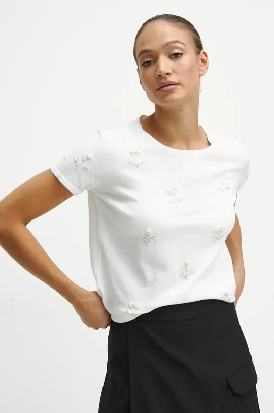 beżowy T-shirt damski z ozdobną aplikacją kolor beżowy Damski