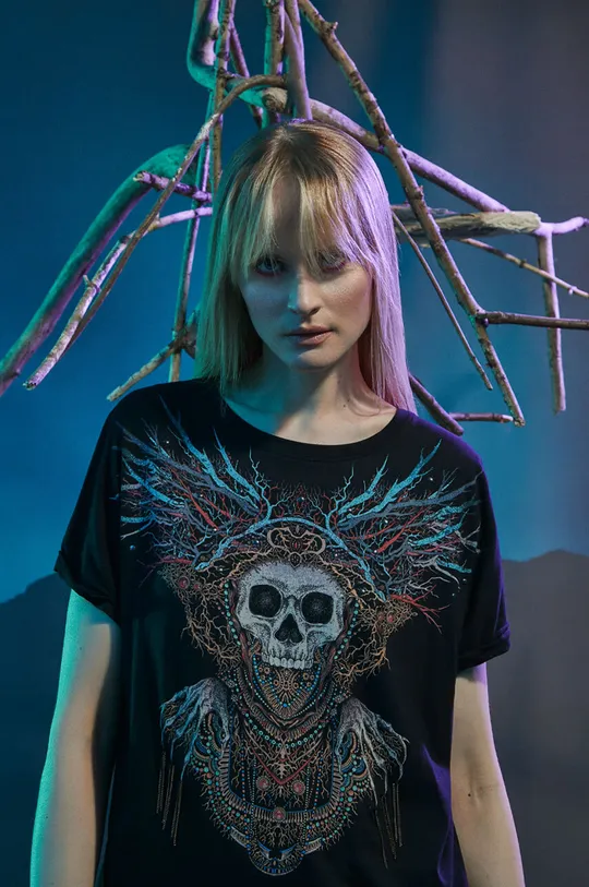 T-shirt bawełniany damski z kolekcji Bestiariusz kolor czarny czarny