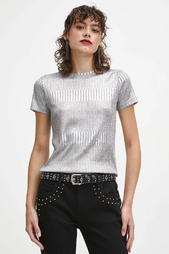 srebrny T-shirt damski z metaliczną nicią kolor srebrny