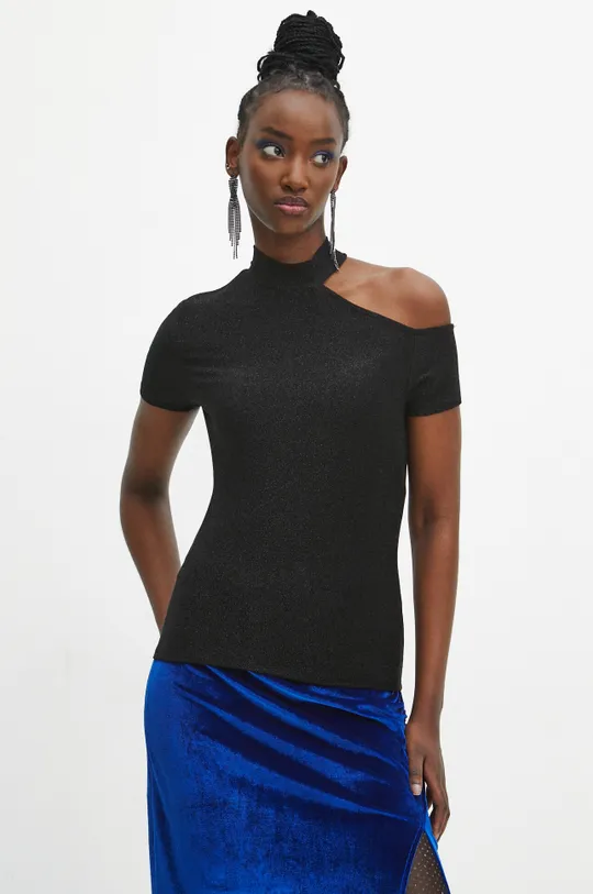 czarny T-shirt damski z metaliczną nicią kolor czarny Damski
