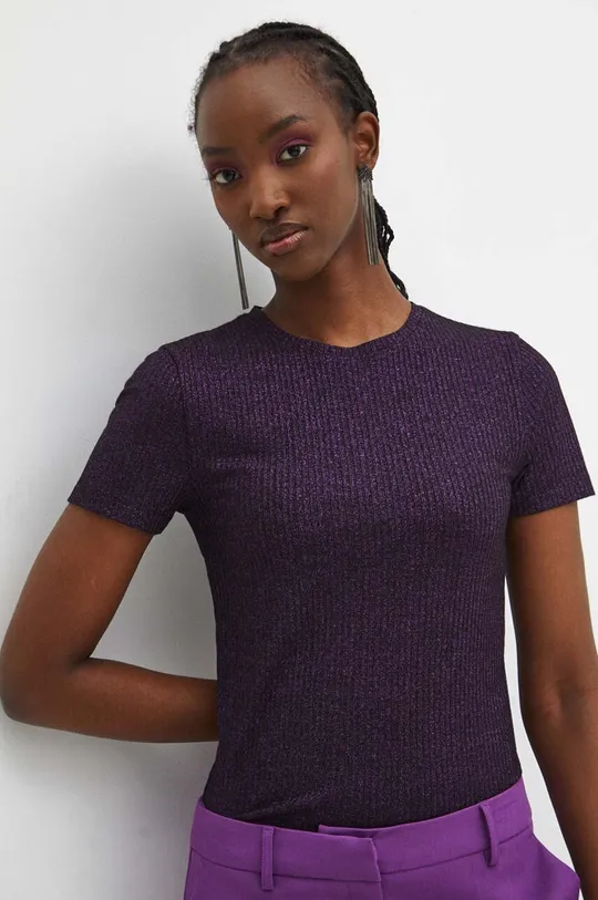 czarny T-shirt damski z metaliczną nicią kolor fioletowy