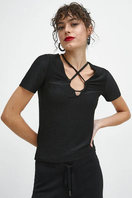 czarny T-shirt damski z metaliczną nicią kolor czarny Damski