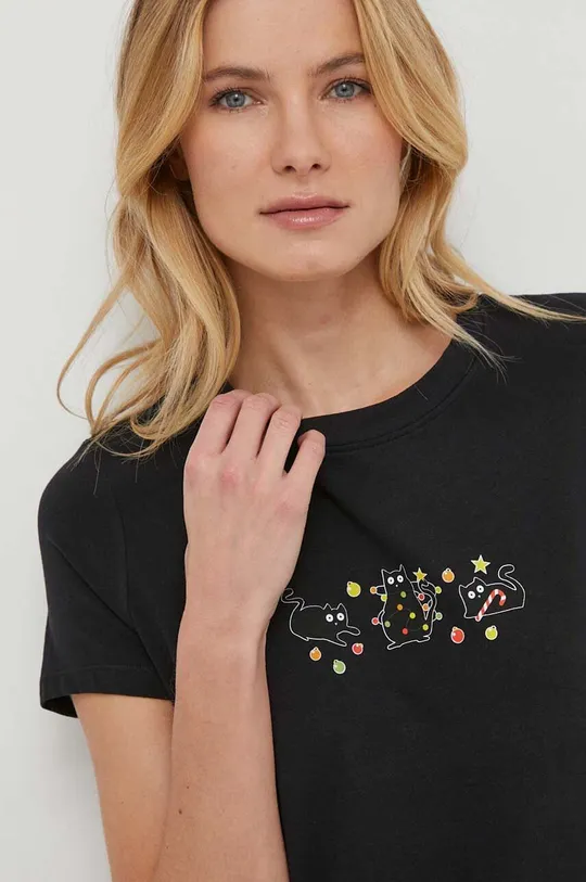T-shirt bawełniany damski z domieszką elastanu z nadrukiem kolor czarny czarny