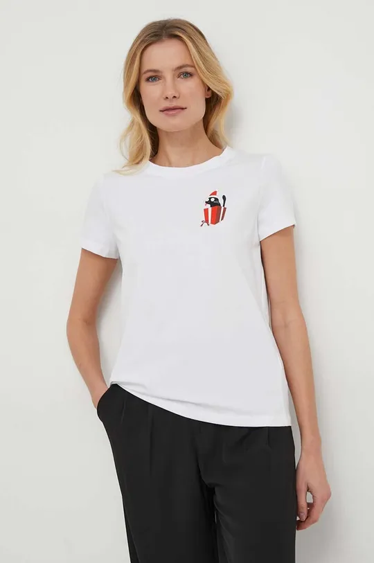 biały T-shirt bawełniany damski z domieszką elastanu z nadrukiem kolor biały Damski