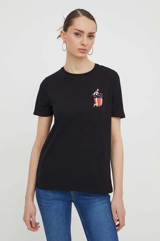 czarny T-shirt bawełniany damski z domieszką elastanu z nadrukiem kolor czarny Damski