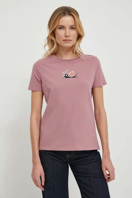 różowy T-shirt bawełniany damski z domieszką elastanu z nadrukiem kolor różowy Damski