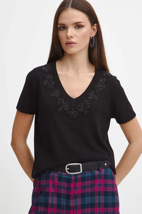 czarny T-shirt damski z aplikacją kolor czarny