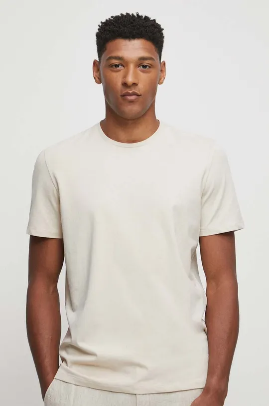 beżowy T-shirt bawełniany gładki z domieszką elastanu kolor beżowy Męski