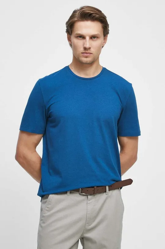 turkusowy T-shirt bawełniany gładki z domieszką elastanu kolor turkusowy Męski
