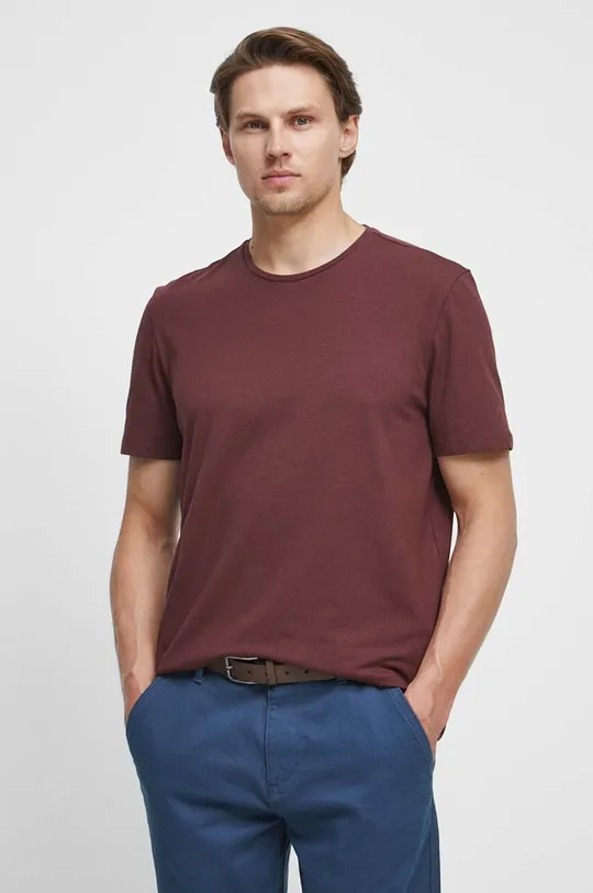 brązowy T-shirt bawełniany gładki z domieszką elastanu kolor brązowy Męski