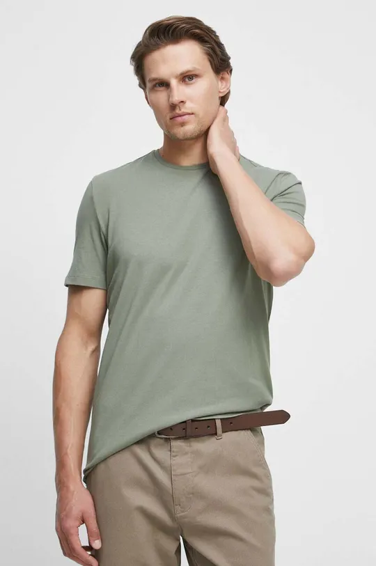 zielony T-shirt bawełniany gładki z domieszką elastanu kolor zielony Męski