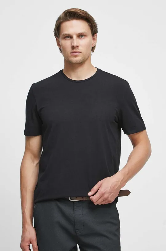 czarny T-shirt bawełniany gładki z domieszką elastanu kolor czarny Męski
