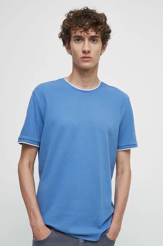 niebieski T-shirt bawełniany męskie gładki z domieszką elastanu kolor niebieski Męski
