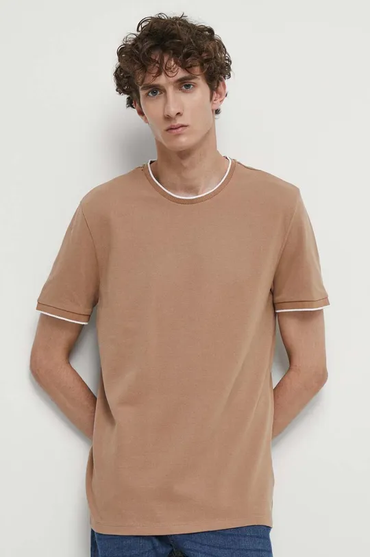 beżowy T-shirt bawełniany męskie gładki z domieszką elastanu kolor beżowy Męski