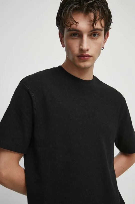 czarny T-shirt bawełniany męski z fakturą kolor czarny