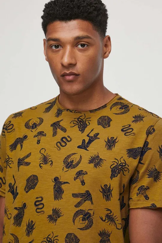 brązowy T-shirt bawełniany męski wzorzysty kolor brązowy