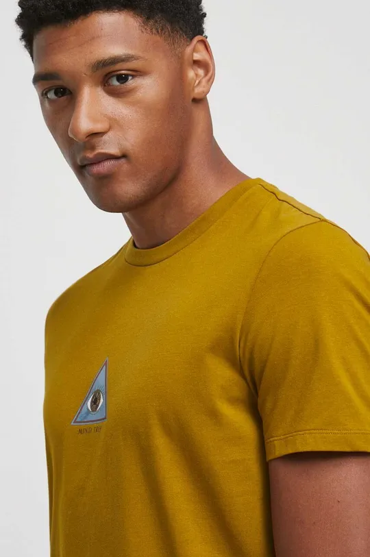 brązowy T-shirt bawełniany męski z nadrukiem z domieszką elastanu kolor brązowy