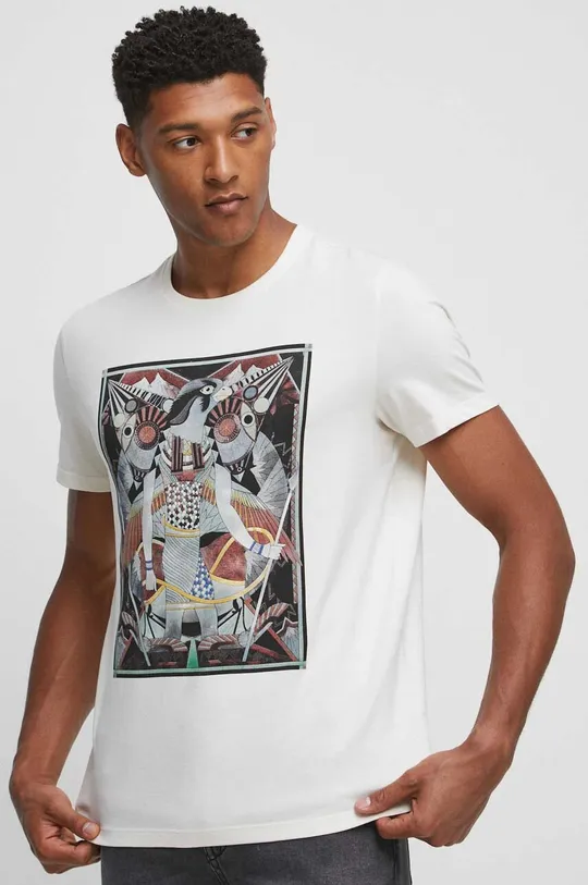 beżowy T-shirt bawełniany męski z nadrukiem kolor beżowy Męski