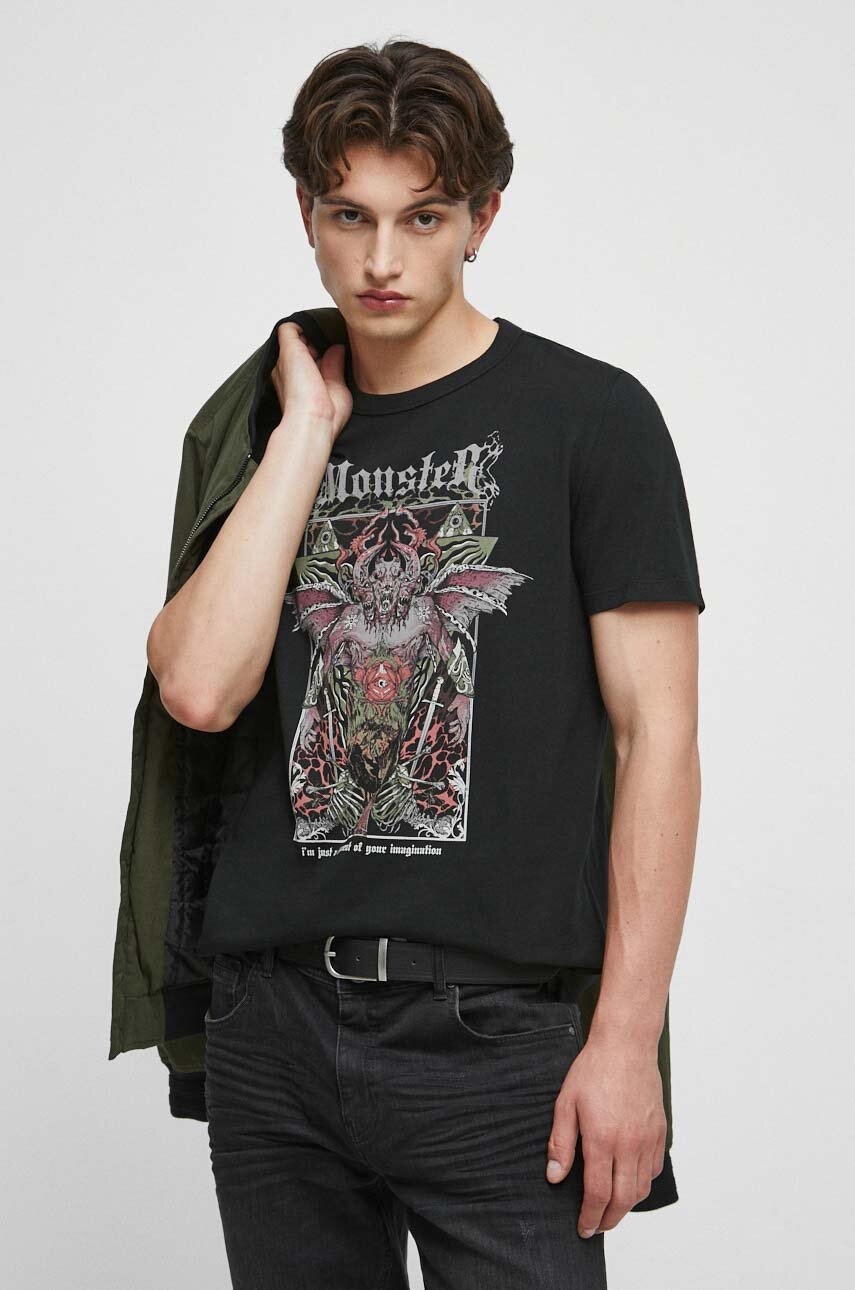 czarny T-shirt bawełniany męski z nadrukiem kolor czarny Męski