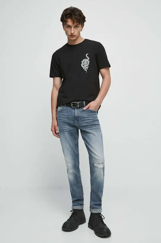 T-shirt bawełniany męski z nadrukiem z domieszką elastanu kolor czarny czarny